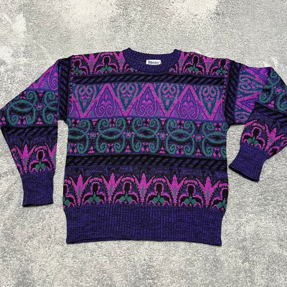 Vintage 80s Meister Sweater Blue / Pink Womens Small Ski Geometric Wool Blend - Picture 1 of 7